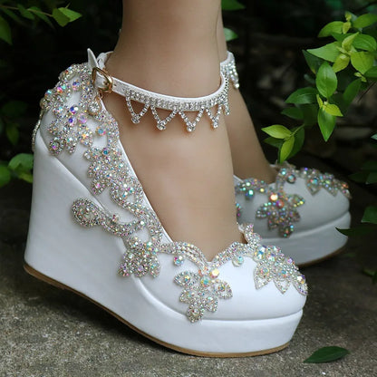 Spring Fashion Color Rhinestone Tassel Wristband Wedge High Heel White Bridal Wedding Shoes Female Large Size Party Dress Shoes