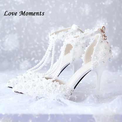 White Flower rhinestone bridal shoes high heels dress shoes and bags Summer Woman Sandals Ladies Wedding shoes Bride ankle strap