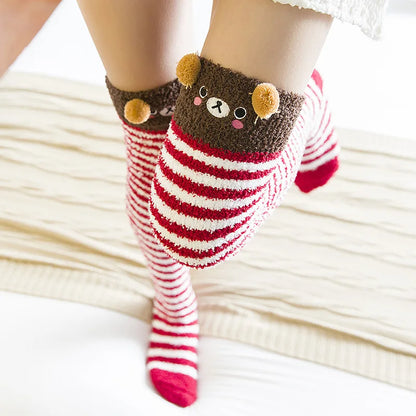 Japanese Mori Girl Animal Modeling Knee Socks Striped Cute Lovely Kawaii Cozy Long Thigh High Socks Compression Winter Warm Sock