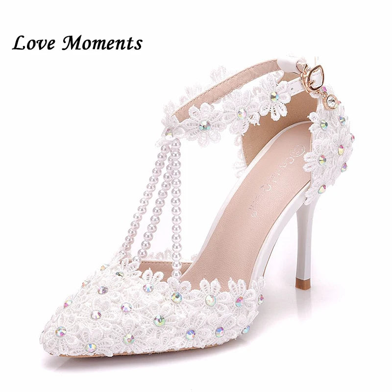 White Flower rhinestone bridal shoes high heels dress shoes and bags Summer Woman Sandals Ladies Wedding shoes Bride ankle strap