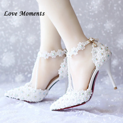 White Flower rhinestone bridal shoes high heels dress shoes and bags Summer Woman Sandals Ladies Wedding shoes Bride ankle strap