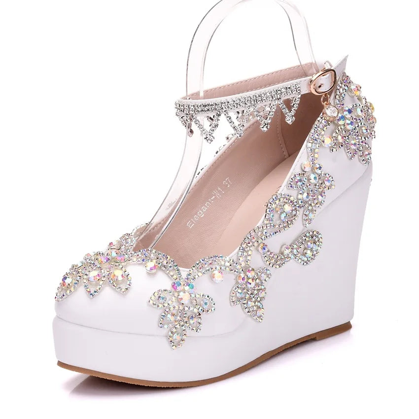 Spring Fashion Color Rhinestone Tassel Wristband Wedge High Heel White Bridal Wedding Shoes Female Large Size Party Dress Shoes