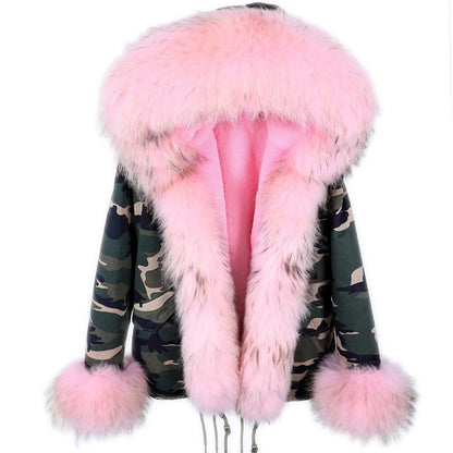 2023 Short Parka Winter Jacket Women Wram Faux Fur Coat Natural Raccoon Fox Fur Outerwear Streetwear Removable