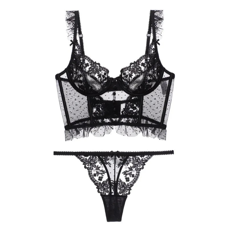 French Sexy Underwear 3 Piece Set Gathering Bra and String Garter Suit Transparent Bra Set Back Wave Yarn Embroider Lace Lingeri