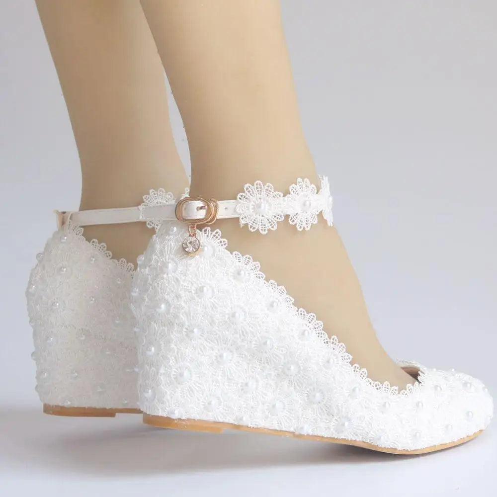 White Flower Wedding Shoes Lace Pearl High Heels Sweet Bride Dress Shoes Beading Wedges Shoes 5CM Women Pumps