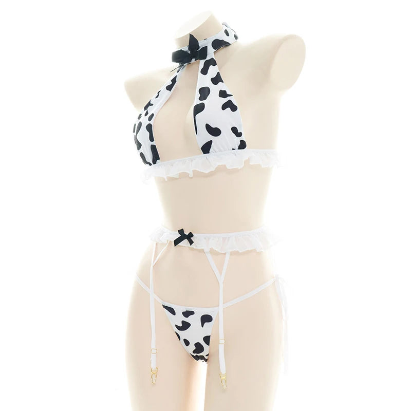 AniLV Kawaii Girl Halter Pajamas With Garter Belt Lingerie Costume Anime Cartoon Cute Cow Swimsuit Uniform Set Cosplay