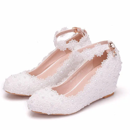 White Flower Wedding Shoes Lace Pearl High Heels Sweet Bride Dress Shoes Beading Wedges Shoes 5CM Women Pumps