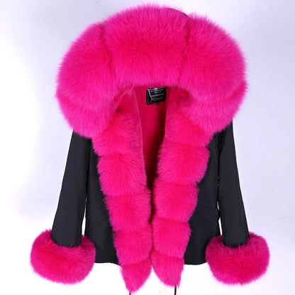 2023 Short Parka Winter Jacket Women Wram Faux Fur Coat Natural Raccoon Fox Fur Outerwear Streetwear Removable