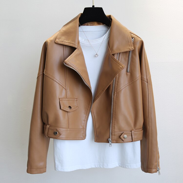 Leather Jacket for Zipper Biker Faux Brown PU Outwear