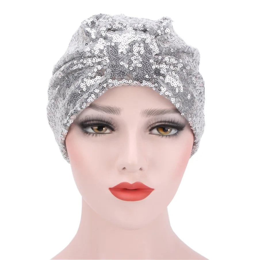 Glitter Sequins Women's Turban Cap Muslim Headwear Headscarf Bonnet Hat African Headwraps Indian Caps