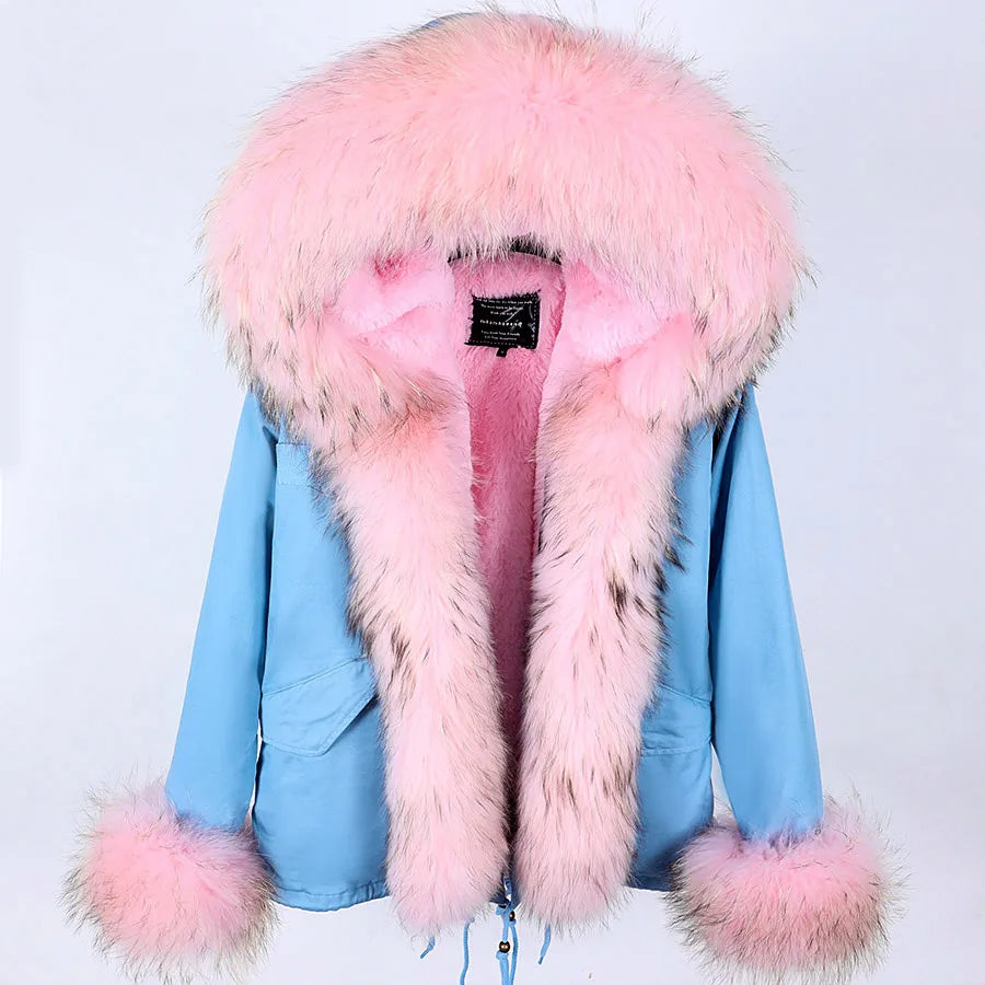 2023 Short Parka Winter Jacket Women Wram Faux Fur Coat Natural Raccoon Fox Fur Outerwear Streetwear Removable