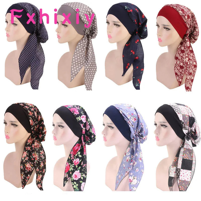 Muslim Women Print Cotton Turban Hat Headscarves Pre-Tied Cancer Chemo Headwear Bandanas Headwrap Caps