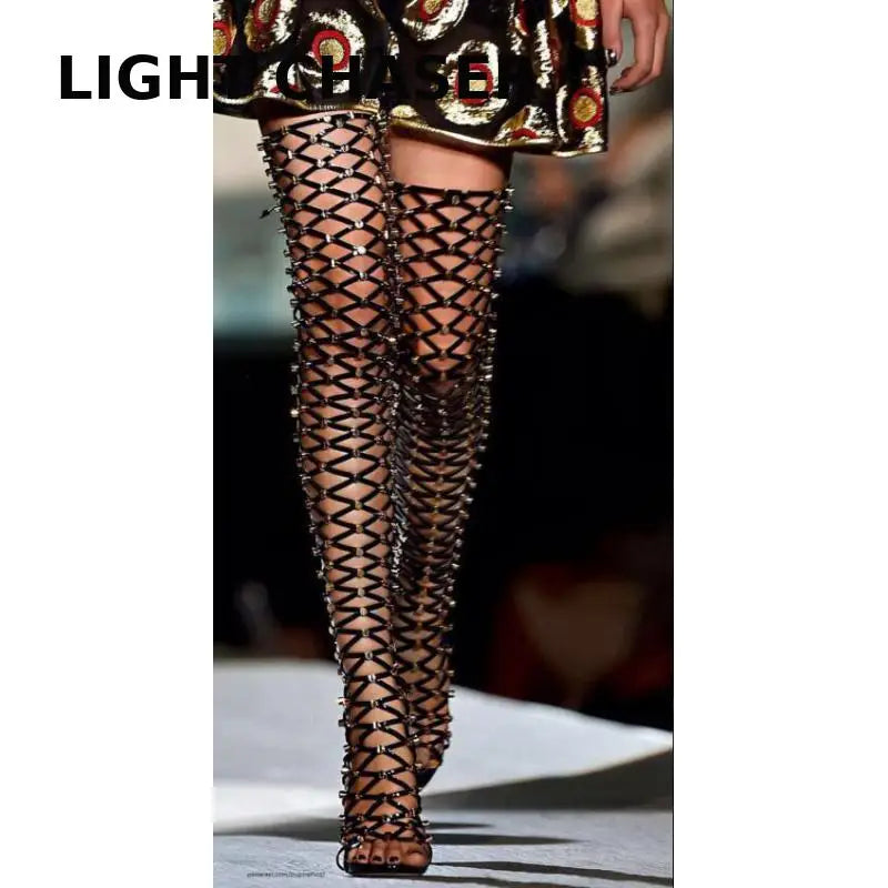 summer Boots New Full Rhinestone Mesh Women Thigh High Over The Knee Sandals Stage Catwalk Shoes Zapatos Transparentes De Mujer