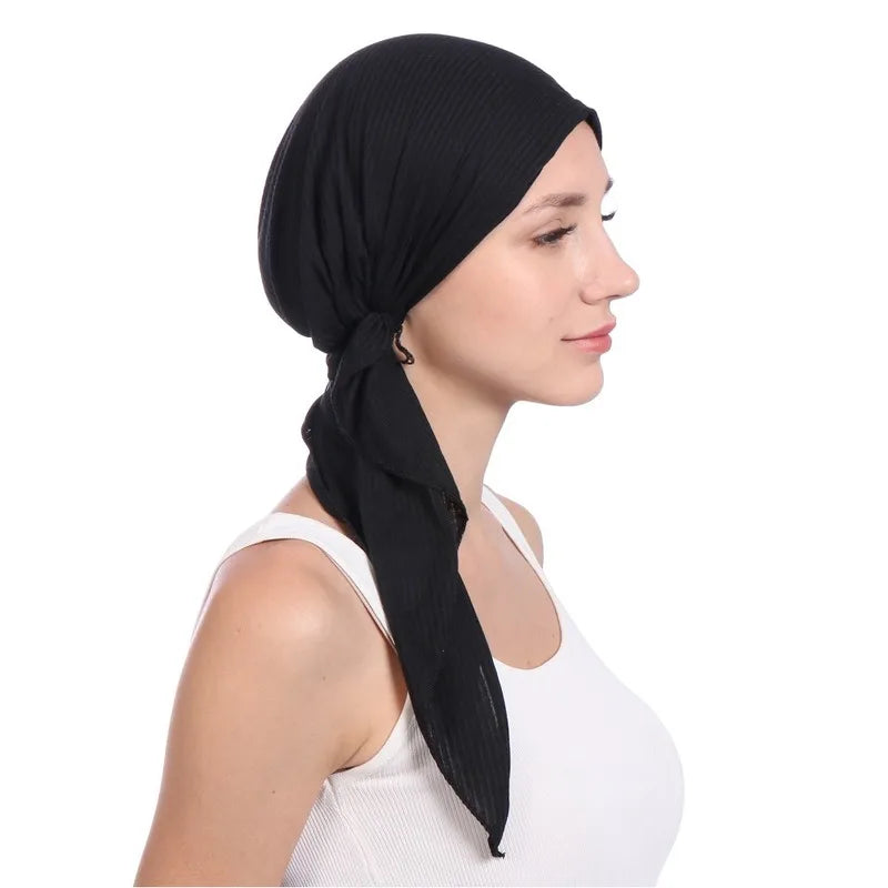 KepaHoo Elastic Cotton Solid Color Wrap Head Scarf Hats Muslim Turban Bonnet For Women Inner Hat fashion female turbantes caps