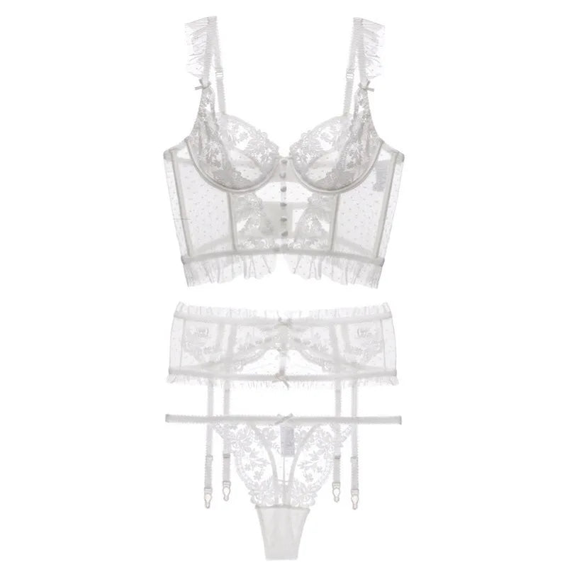 French Sexy Underwear 3 Piece Set Gathering Bra and String Garter Suit Transparent Bra Set Back Wave Yarn Embroider Lace Lingeri