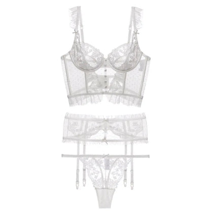 French Sexy Underwear 3 Piece Set Gathering Bra and String Garter Suit Transparent Bra Set Back Wave Yarn Embroider Lace Lingeri