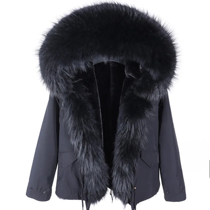 2023 Short Parka Winter Jacket Women Wram Faux Fur Coat Natural Raccoon Fox Fur Outerwear Streetwear Removable