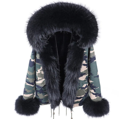 2023 Short Parka Winter Jacket Women Wram Faux Fur Coat Natural Raccoon Fox Fur Outerwear Streetwear Removable