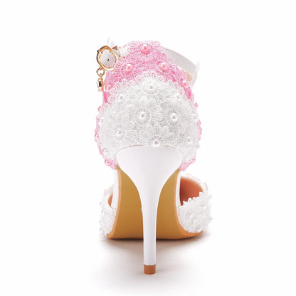 Super Tall Slim 9CM White Lace High Heels Wedding Shoes Bride Sexy Sandals Knitted Toes Pearls Flower Open Side Summer Stiletto