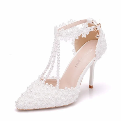 Sandals Women 2023 Office Career Pointed Toe String Bead Buckle Strap PU 9CM Thin Heels Lace Lady Wedding Heels For Women White