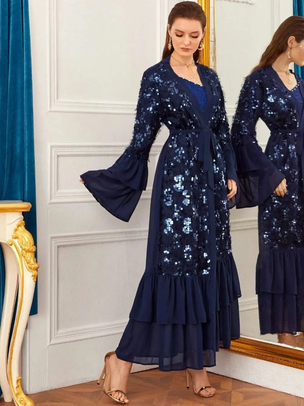 Elegant Ramadan Eid Sequined beading Muslim Abaya Long Robe Gowns Kimono Abayas Islamic Prayer Clothing Worship Service Wq2399