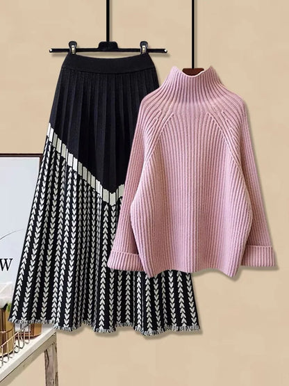 Autumn Winter Warm Knitted Suit Women Long Sleeve Half Turtleneck Knitting Sweater+striped Patchwork Knitting Skirts Sets 2023