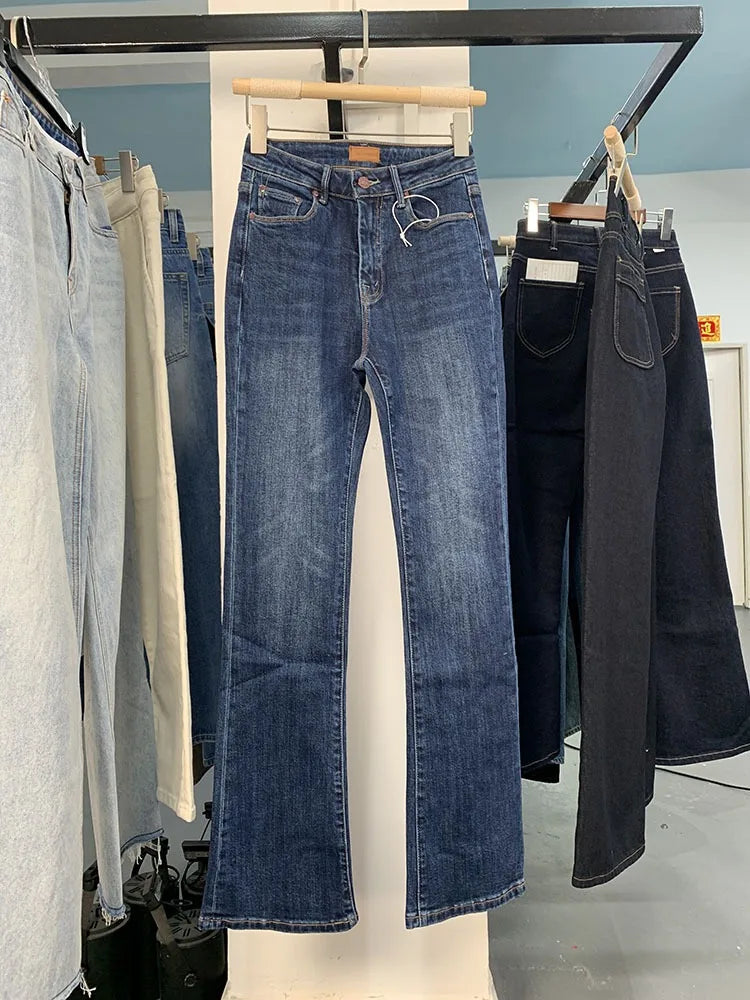 Women Blue Flared Jeans High Waisted Slim Versatile Elastic Long Denim Pants