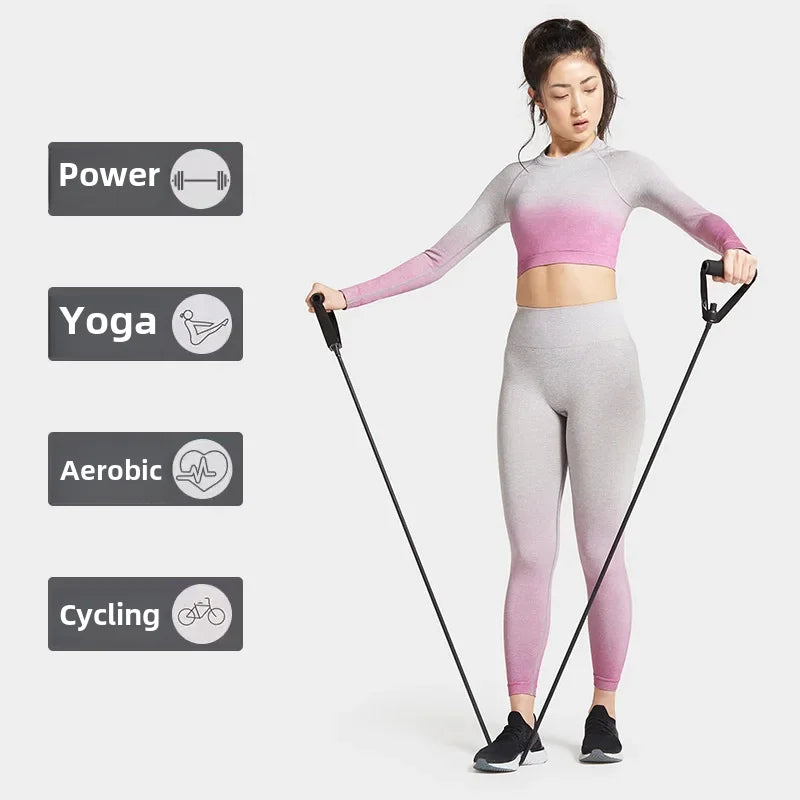 High-waisted Seamless Knit Yoga Suit Women's Sporty Fitness Long Sleeve Top Pants Set Cross-border Gradient Color Design