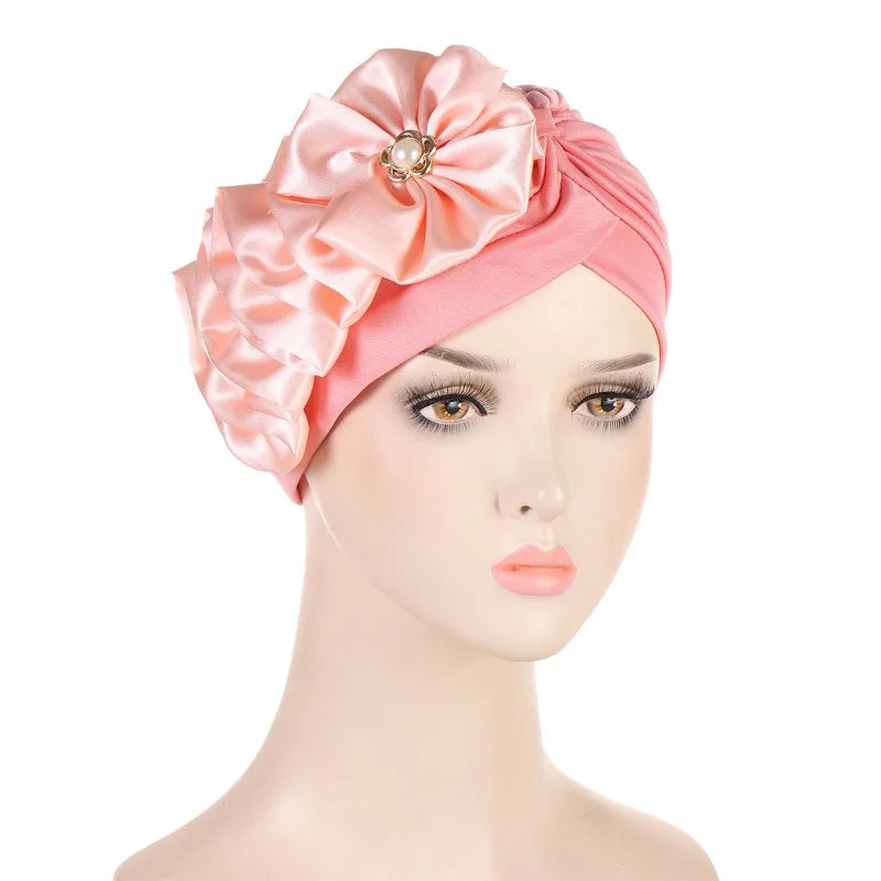 KepaHoo Women Turban Cotton Top Knot Flower Decor Headwrap Muslim Ladies Hair Cover Beanie Islamic Scarf Turban Caps Indian Cap