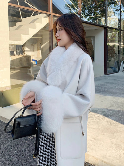 Winter Women Jacket 2023 New Wool Blends Natural Fox Fur Collar Sleeve Hair Cashmere  Real Fur Coat Warm Luxury Outerwear