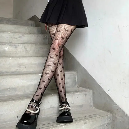 Lolita Cute Anime Black Love Heart Print Tights Gothic Women Sexy Punk Dark Fishnet Mesh Goth Pantyhose Costumes Body Stockings