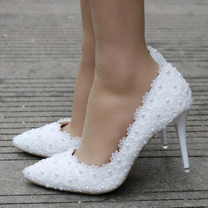 Pearl Lace Woman Pumps Fashion Wedding Shoes Women Basic Pump Stiletto Heels 9.5CM Heeled Shoes High Heels