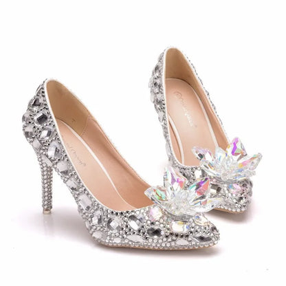 Woman Pumps Brand Design Lady Pointed Toe Rhinestone Slip-On PU 9CM Thin Heels Party Prom Korean Style Women Shoes Silvery