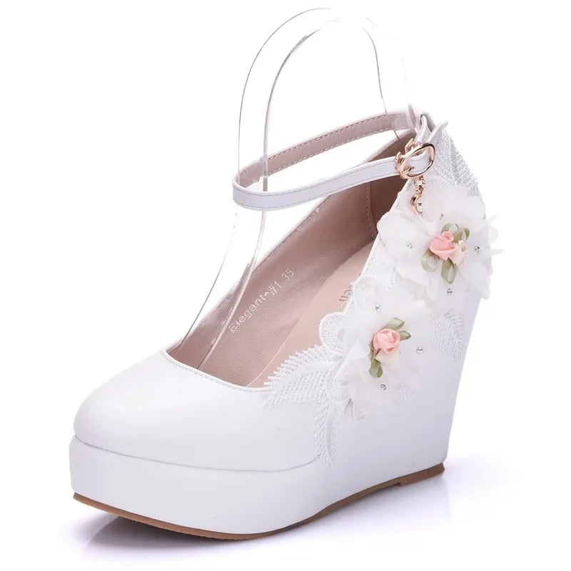 Fashion Women Pumps Flower Decoration Dress Buckle Strap Round Toe Wedges 10.8CM High Heels Female Wedding Bridal Shoes