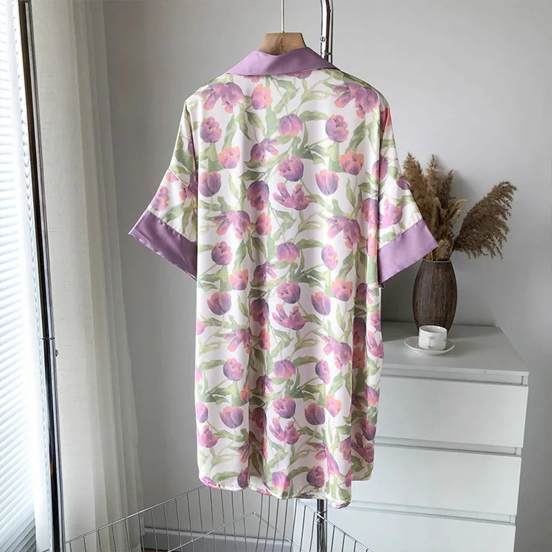 Tulip Print Beautiful Girl Short Sleeves Sleepwear Sweet Advanced Sense Cardigan Breathable Pijamas Women Pyjamas Cute Homewear