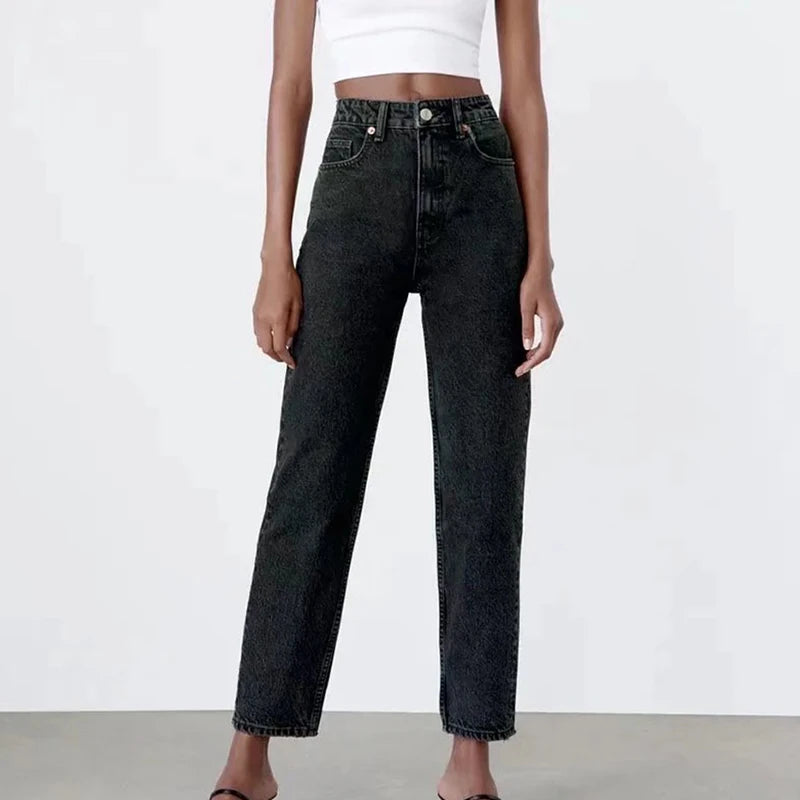 Black Reworked Straight Jeans Women High Rise Solid Color Ankle Length Denim Pants Streetwear Fashion Cowboys Trousers