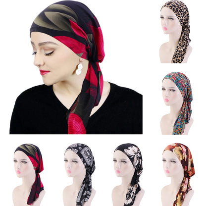 Muslim Women Head Scarf Hijab Chemo Cap Turban Pre-Tied Headwear Bandana Cancer Hair Loss Headscarf Head Wrap Stretch Hat Hijabs