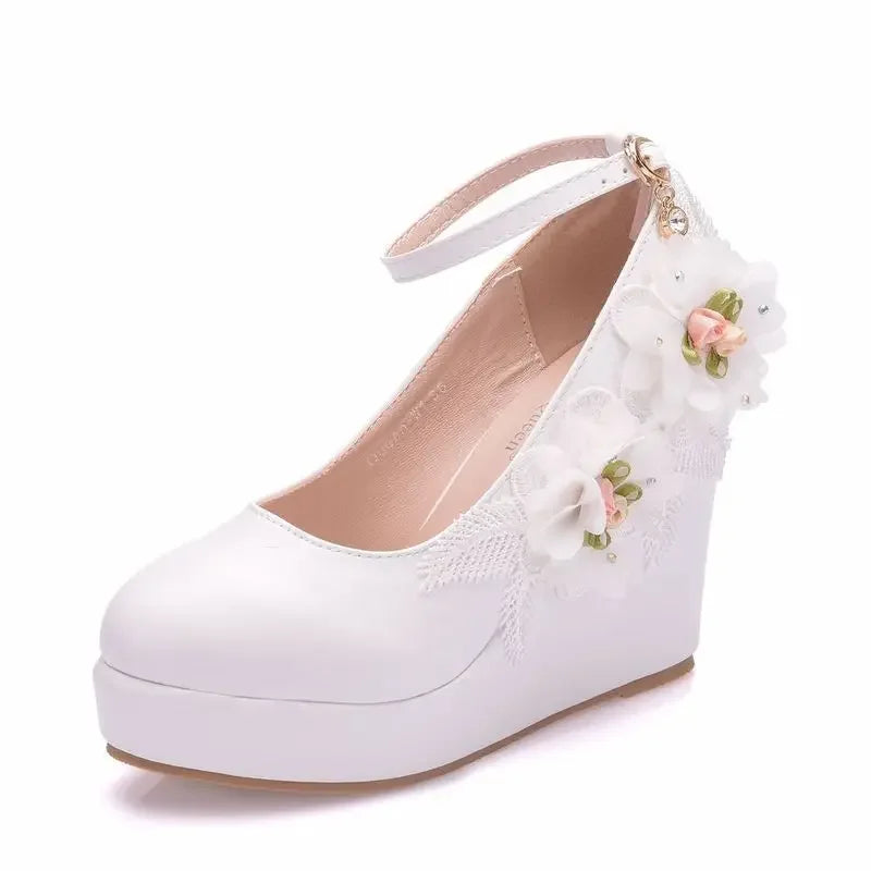 Fashion Women Pumps Flower Decoration Dress Buckle Strap Round Toe Wedges 10.8CM High Heels Female Wedding Bridal Shoes