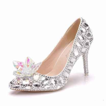 Woman Pumps Brand Design Lady Pointed Toe Rhinestone Slip-On PU 9CM Thin Heels Party Prom Korean Style Women Shoes Silvery