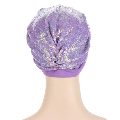 Fashion Glitter Sequins Women Muslim Hijab Hair Loss Chemo Cap Indian Pleated Turban Bonnet Arab Hat Headwear Wrap Scarf Cover