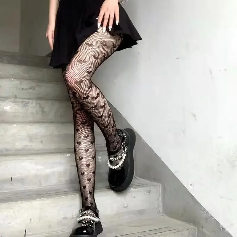 Lolita Cute Anime Black Love Heart Print Tights Gothic Women Sexy Punk Dark Fishnet Mesh Goth Pantyhose Costumes Body Stockings