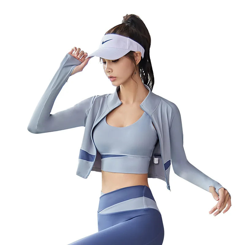 Women Yoga Patchwork 3 Piece Set Fitness Gym Coats+Bra+Leggings Workout Running Sportswear Clothing Tracksuit Ensemble Femme