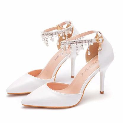 Summer Autumn Sandals Women Pumps Party Tassel Bead String PU 9.5CM Thin Heels Office Lady Comfortable Dress Woman Shoes White