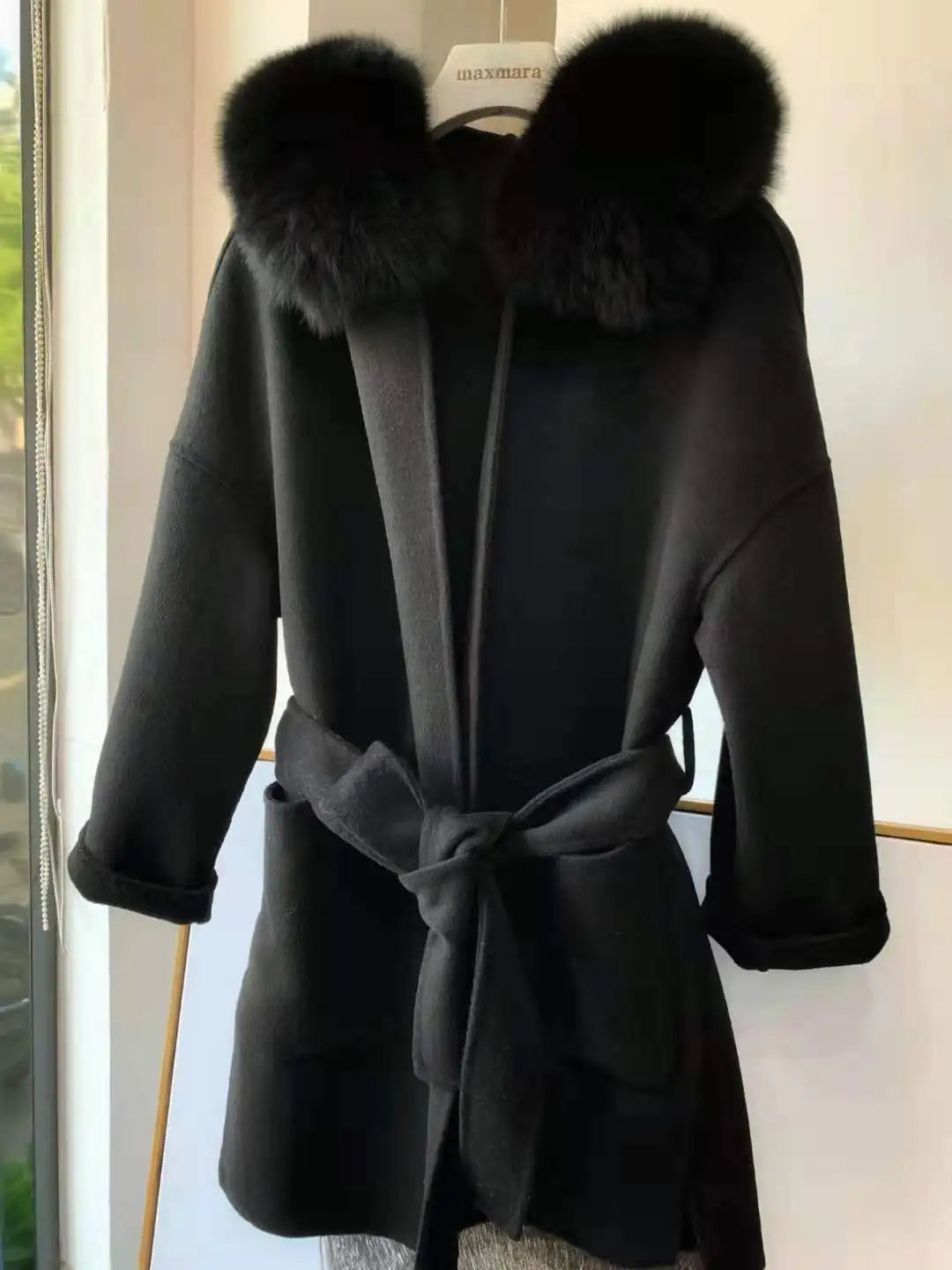 MENINA BONITA 2023 Fashion Belted Cashmere Coats Winter Hooded Wool Coat with Real Fox Fur Collar Cuff Women Warm Trench Peacoat