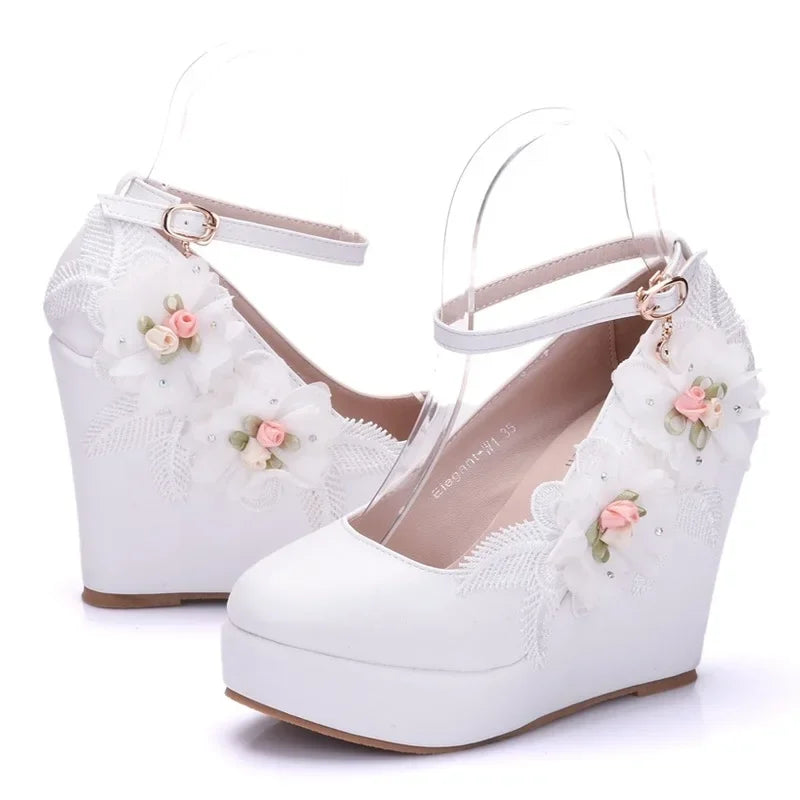 Fashion Women Pumps Flower Decoration Dress Buckle Strap Round Toe Wedges 10.8CM High Heels Female Wedding Bridal Shoes