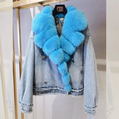 2023 Women New Genuine Fox Fur Coat Suit Collar Denim Jacket H2