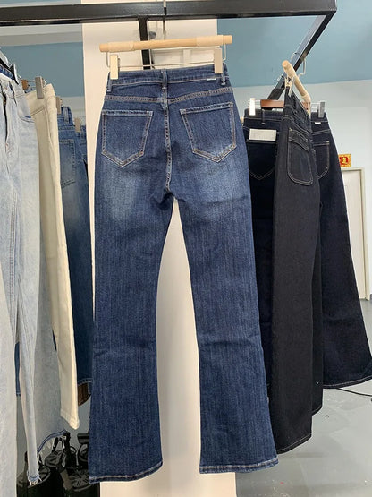 Women Blue Flared Jeans High Waisted Slim Versatile Elastic Long Denim Pants