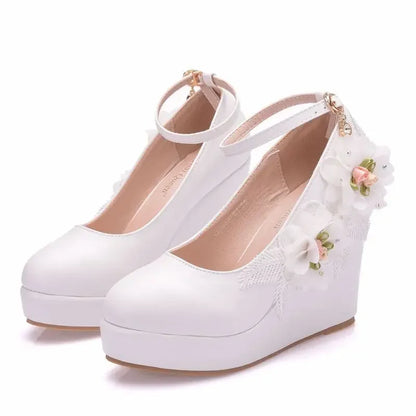 Fashion Women Pumps Flower Decoration Dress Buckle Strap Round Toe Wedges 10.8CM High Heels Female Wedding Bridal Shoes