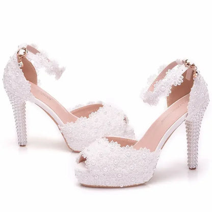 Hot Selling Women Shoes Pumps Dress Breathable Hollow Lace Buckle Strap Peep Toe Thin Heels11CM High Heels Shoes Women's Wedding