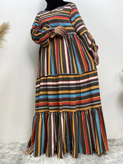 Middle East Muslim fashion new women's loose dress Turkey Dubai printed striped large swing robes Islamic women elegant maxi dre